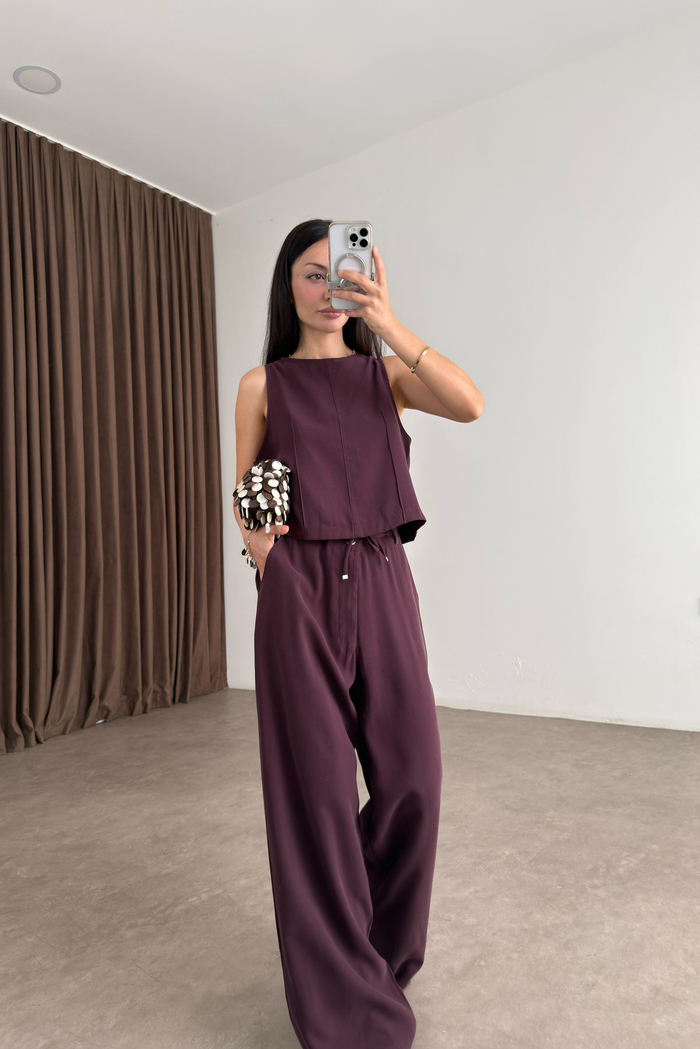 Maren Mürdüm Kolsuz Bluz Pantolon Takım Mürdüm