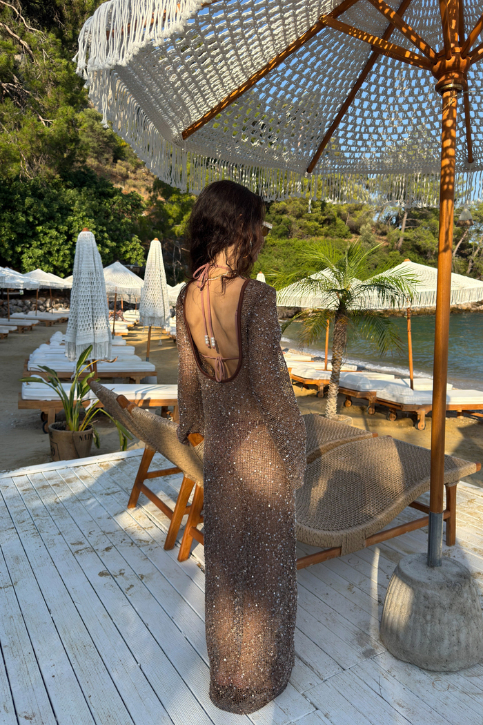 Mirage Pullu File Bronz Uzun Elbise