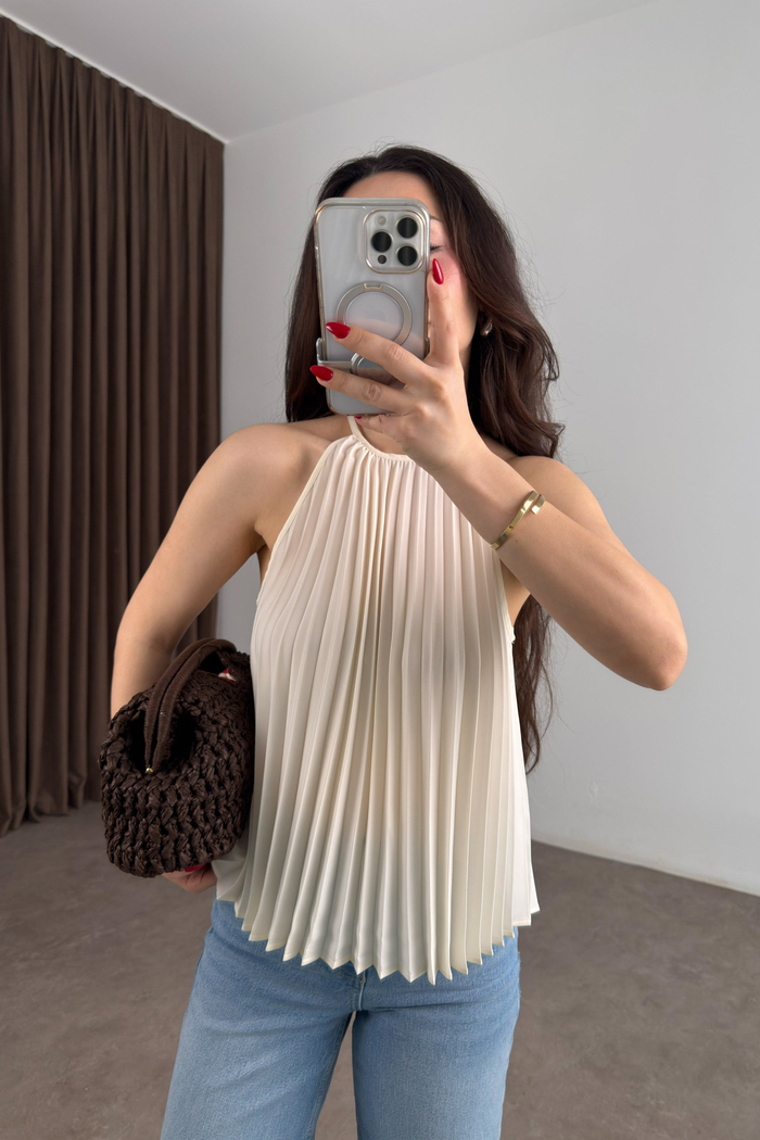 Mng Orijinal Pilili Halter Yaka Ekru Bluz