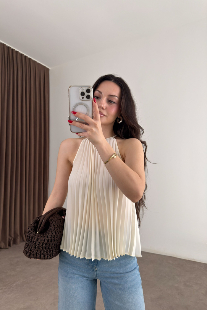 Mng Orijinal Pilili Halter Yaka Ekru Bluz