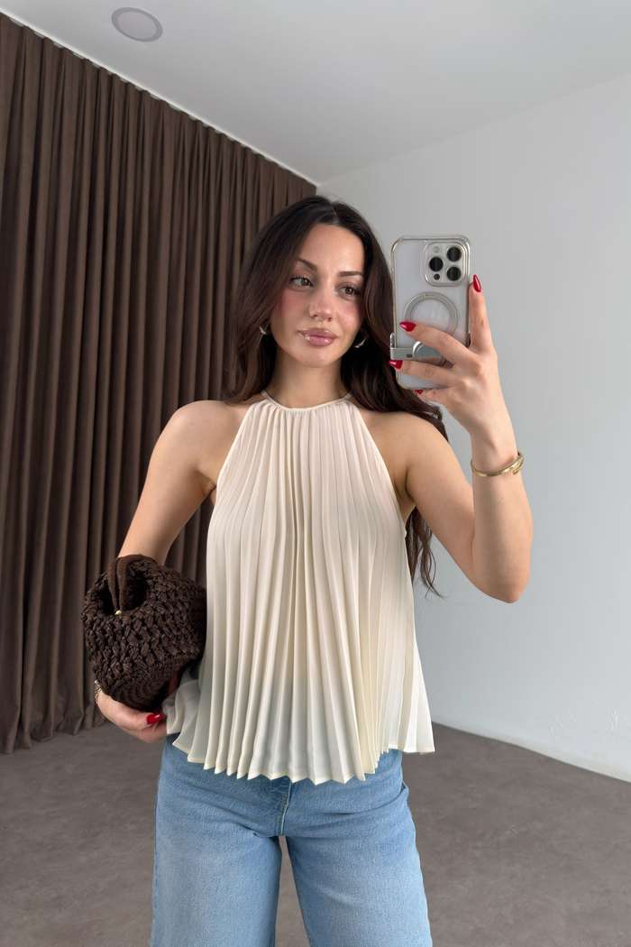 Mng Orijinal Pilili Halter Yaka Ekru Bluz