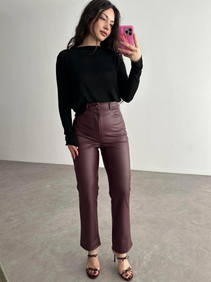 Mng Orj. Yüksek Belli Deri Pantolon Bordo