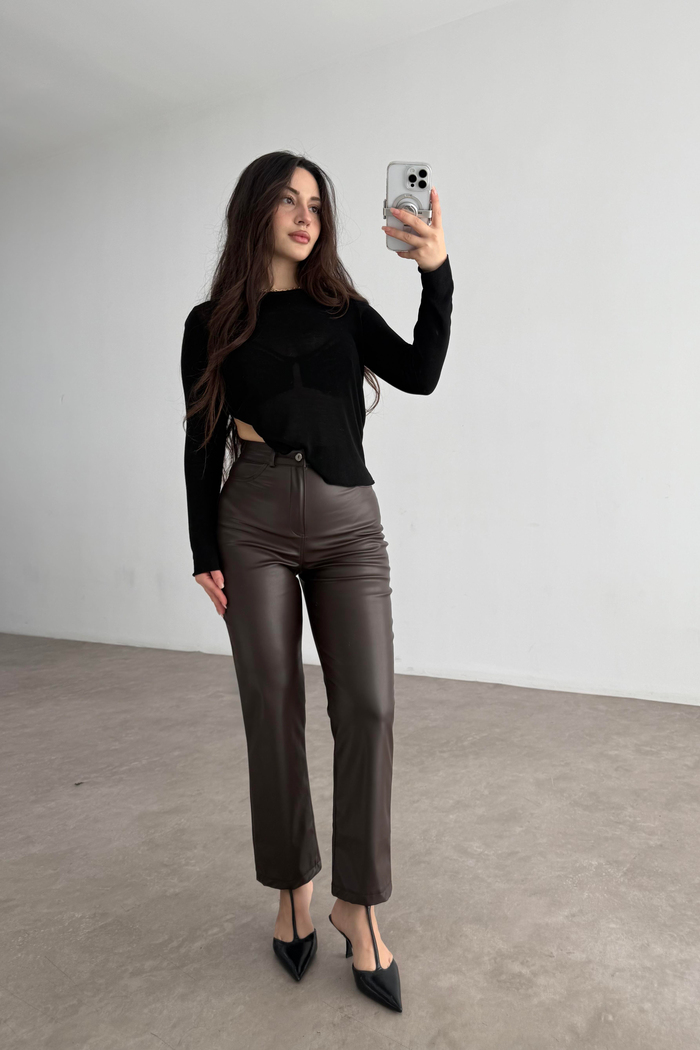 Mng Orj. Yüksek Belli Bilek Boy Deri Pantolon Acı Kahve