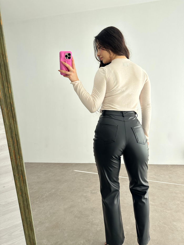 Mng Orj. Yüksek Belli Deri Pantolon Siyah