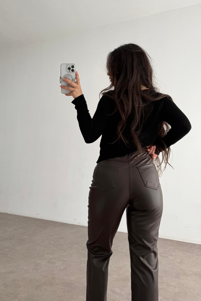 Mng Orj. Yüksek Belli Bilek Boy Deri Pantolon Acı Kahve