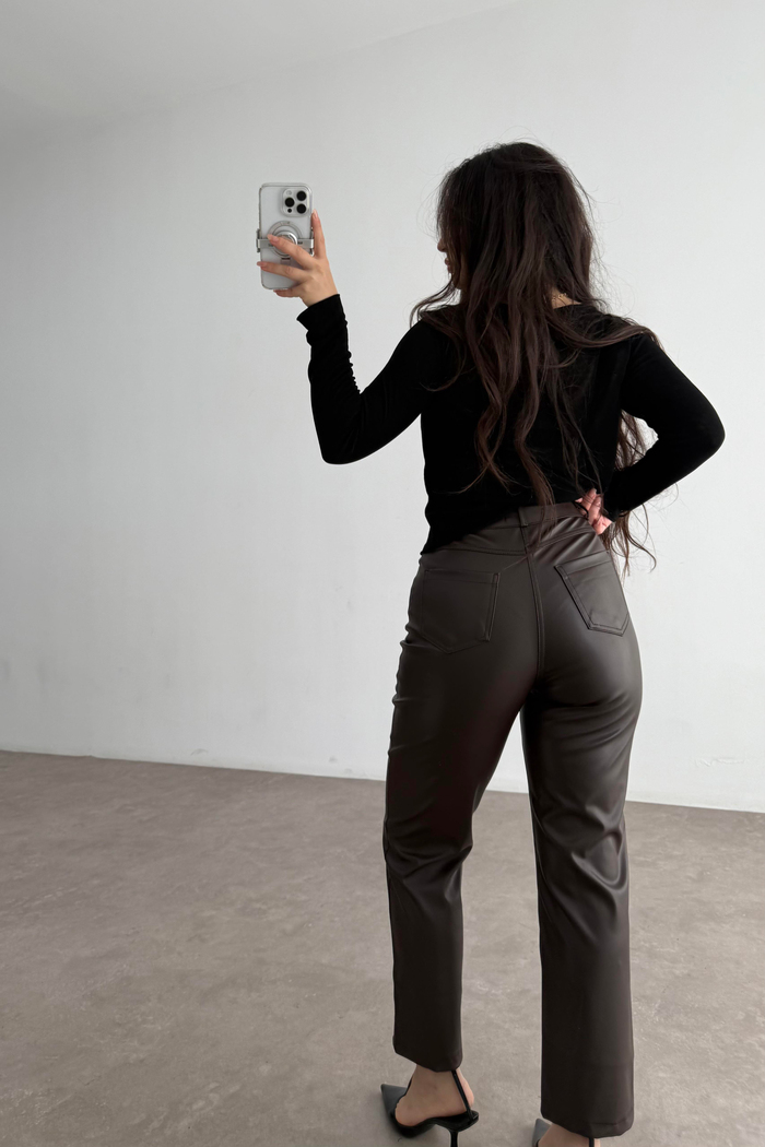 Mng Orj. Yüksek Belli Bilek Boy Deri Pantolon Acı Kahve