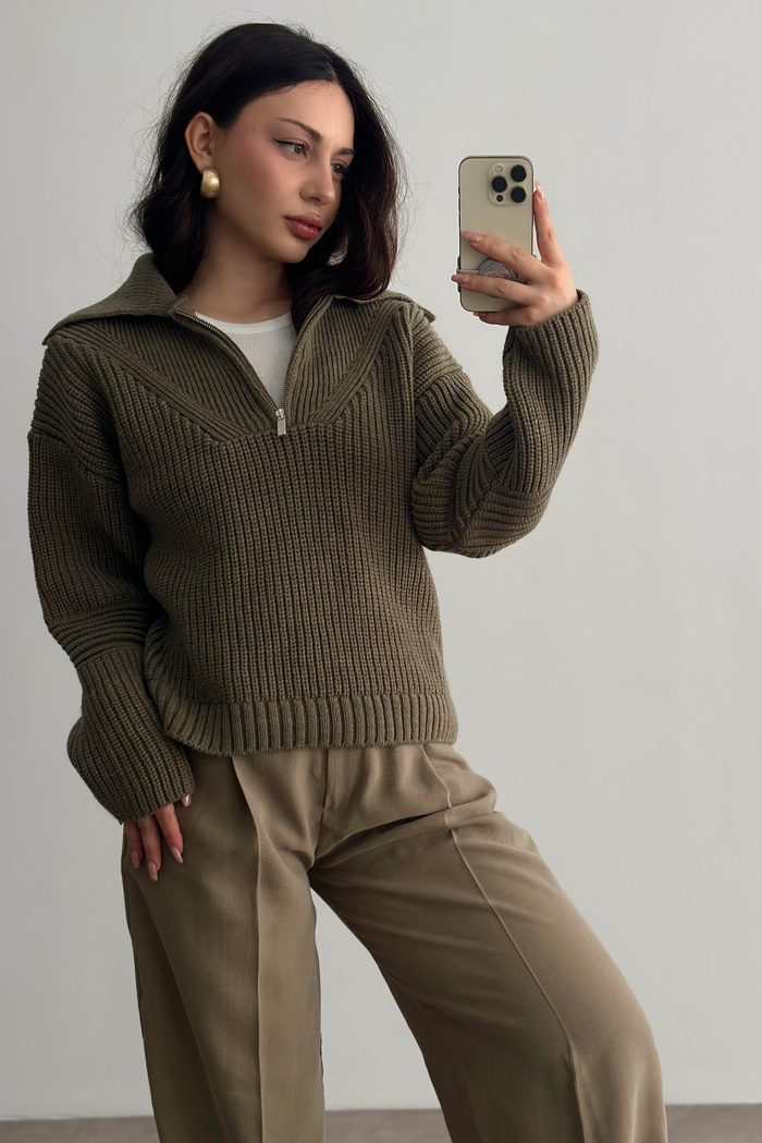 MnG ORJ. Haki-Kahve Fermuarlı Yakalı Kazak