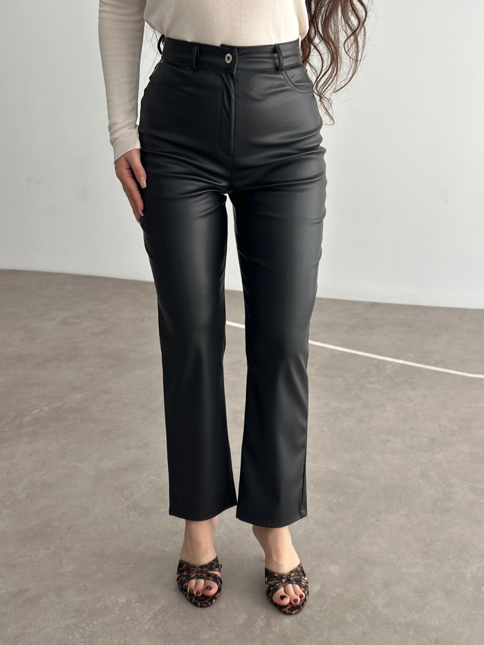 Mng Orj. Yüksek Belli Deri Pantolon Siyah