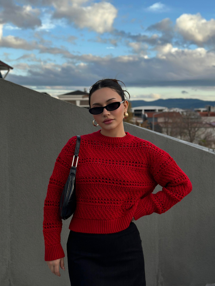 Mng Orj. Desenli Örgü Kırmızı Kazak