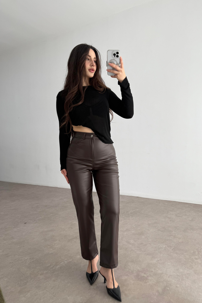 Mng Orj. Yüksek Belli Bilek Boy Deri Pantolon Acı Kahve