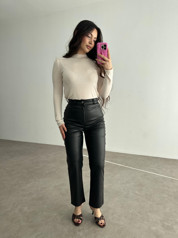 Mng Orj. Yüksek Belli Deri Pantolon Siyah