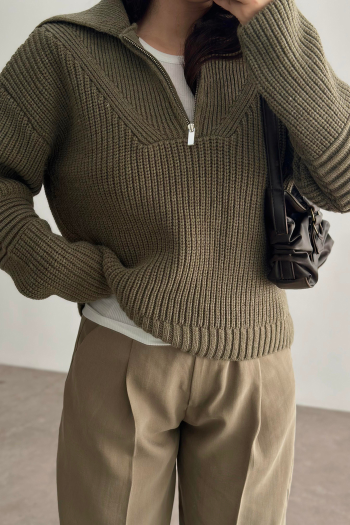 MnG ORJ. Haki-Kahve Fermuarlı Yakalı Kazak