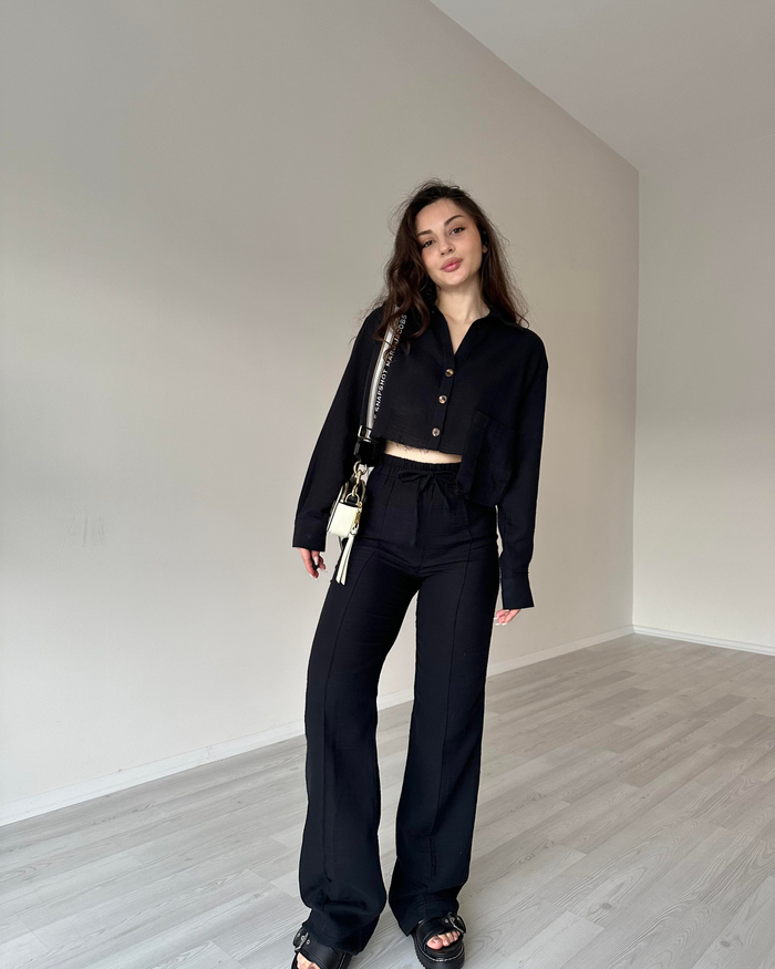 Orijinal Marka Premium Keten Crop Gömlek Siyah
