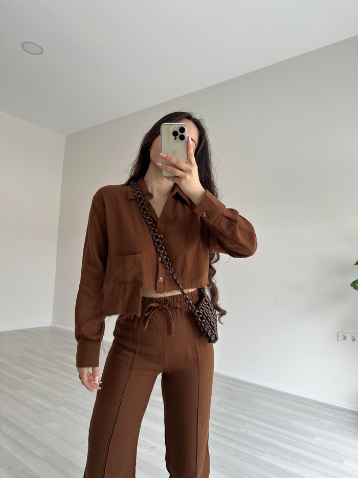 Orijinal Marka Premium Keten Crop Gömlek Kahve