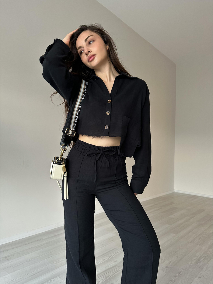 Orijinal Marka Premium Keten Crop Gömlek Siyah