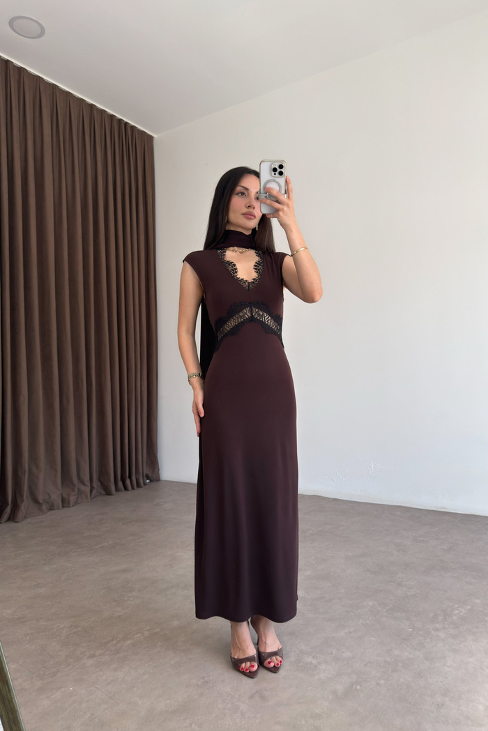 Orijinal Marka Selection Dantelli Kahve Elbise
