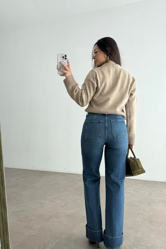 Orj. Marka Önü Cep Detaylı Paçası Kıvrık Yüksek Belli Orta Mavi Jean 