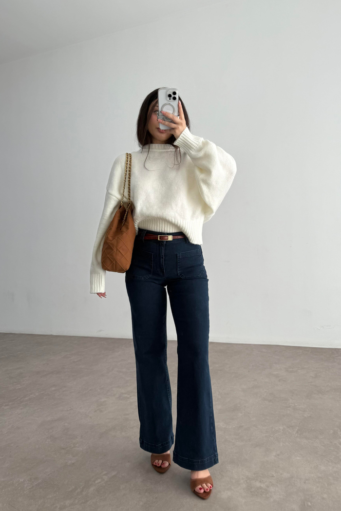 Orj. Marka Önü Cep Detaylı  Yüksek Belli Lacivert Jean 