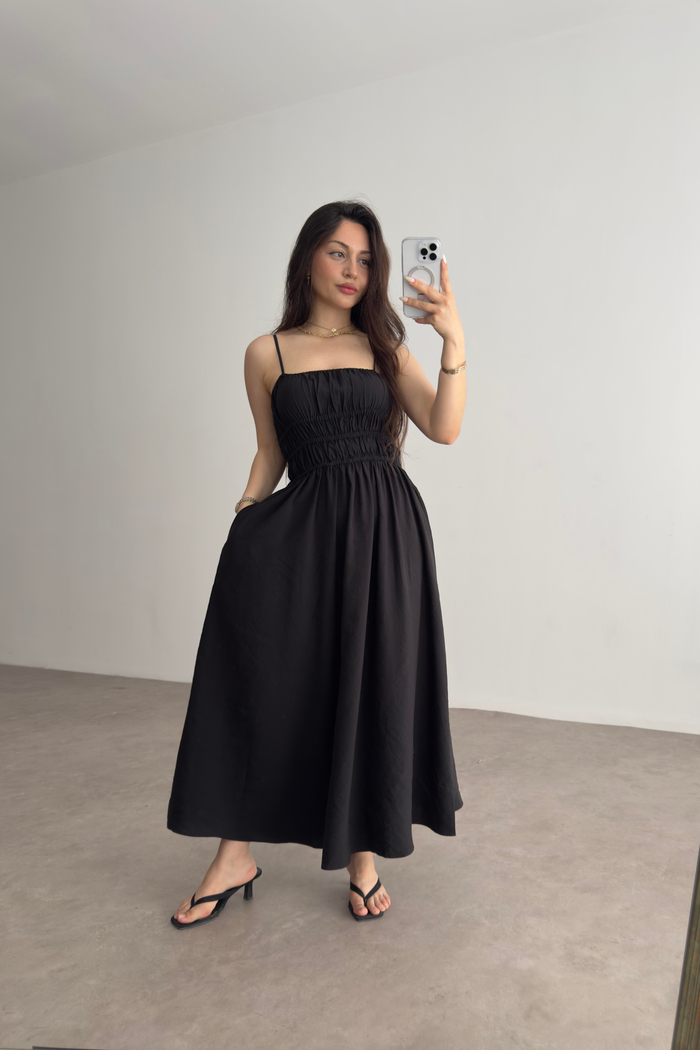 Premium Askılı Beli Lastikli Midi Elbise Siyah