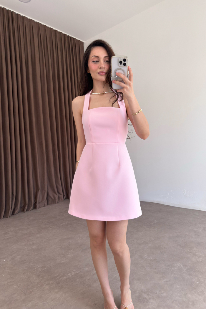 Premium Boyundan Askılı Kalın Krep Kısa Pembe Elbise
