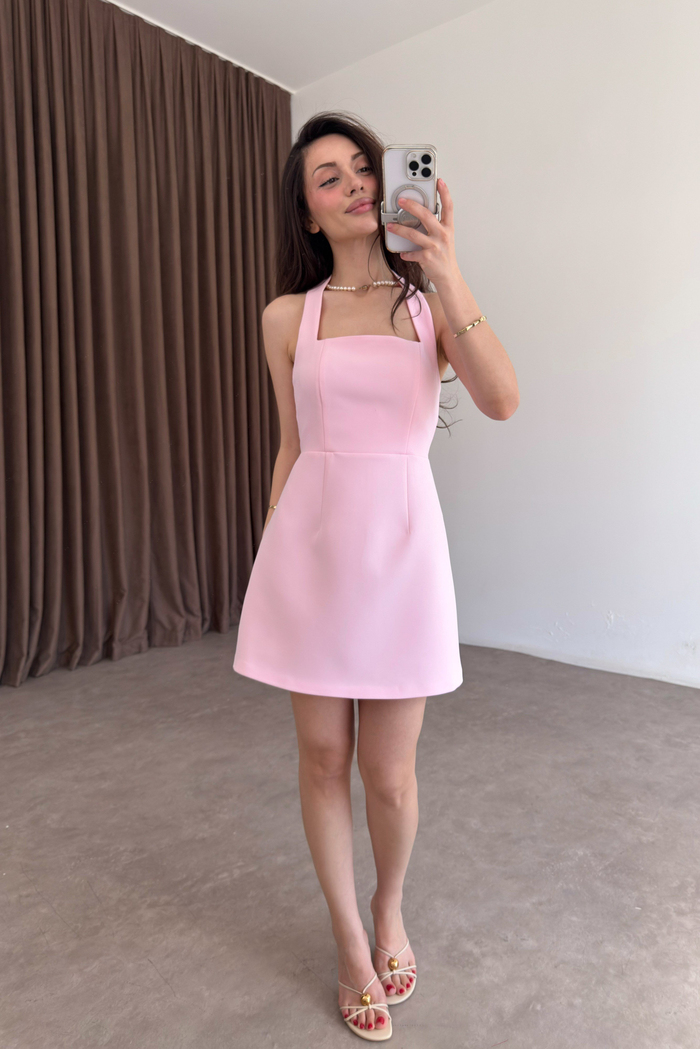 Premium Boyundan Askılı Kalın Krep Kısa Pembe Elbise