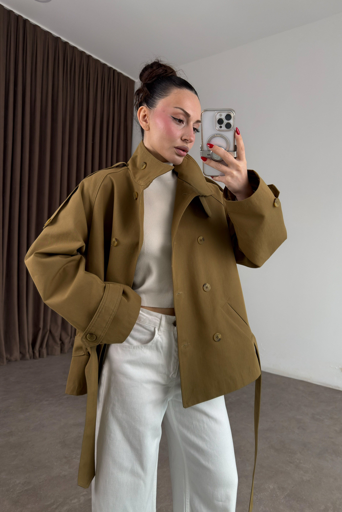 Premium Dik Yaka Kruvaze Kısa Olive Trençkot