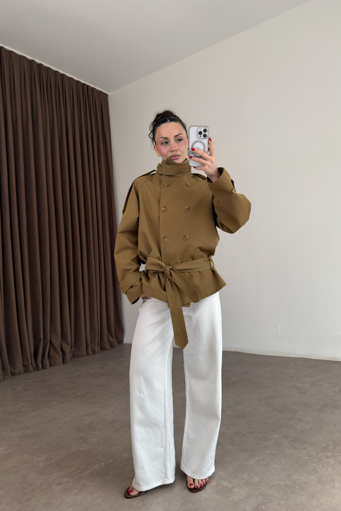 Premium Dik Yaka Kruvaze Kısa Olive Trençkot