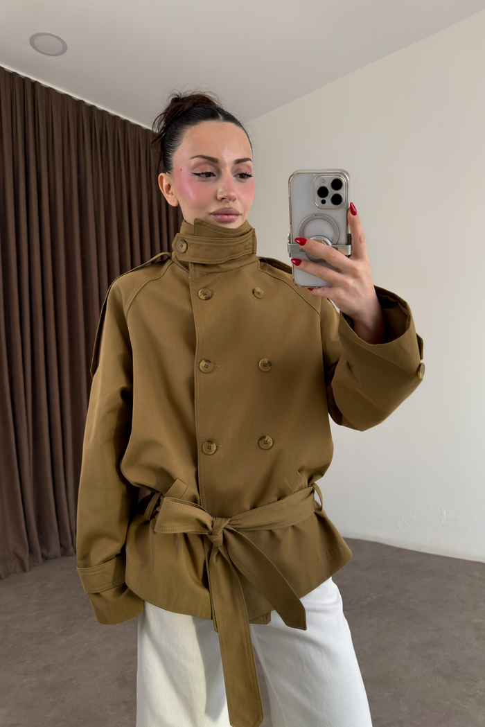 Premium Dik Yaka Kruvaze Kısa Olive Trençkot