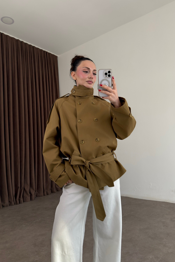 Premium Dik Yaka Kruvaze Kısa Olive Trençkot