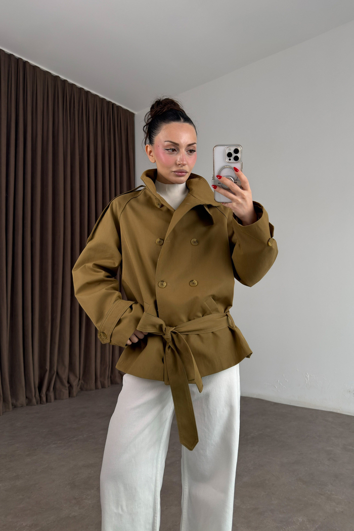 Premium Dik Yaka Kruvaze Kısa Olive Trençkot