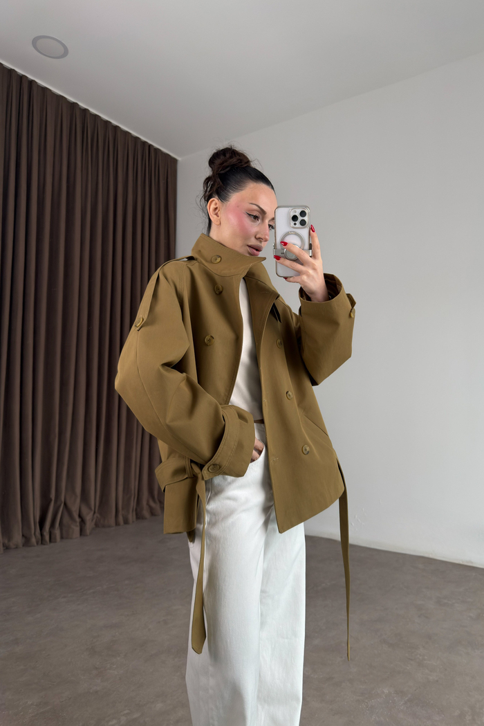 Premium Dik Yaka Kruvaze Kısa Olive Trençkot