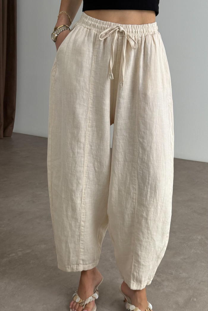Premium Gramajlı Keten Ekru Balon Pantolon