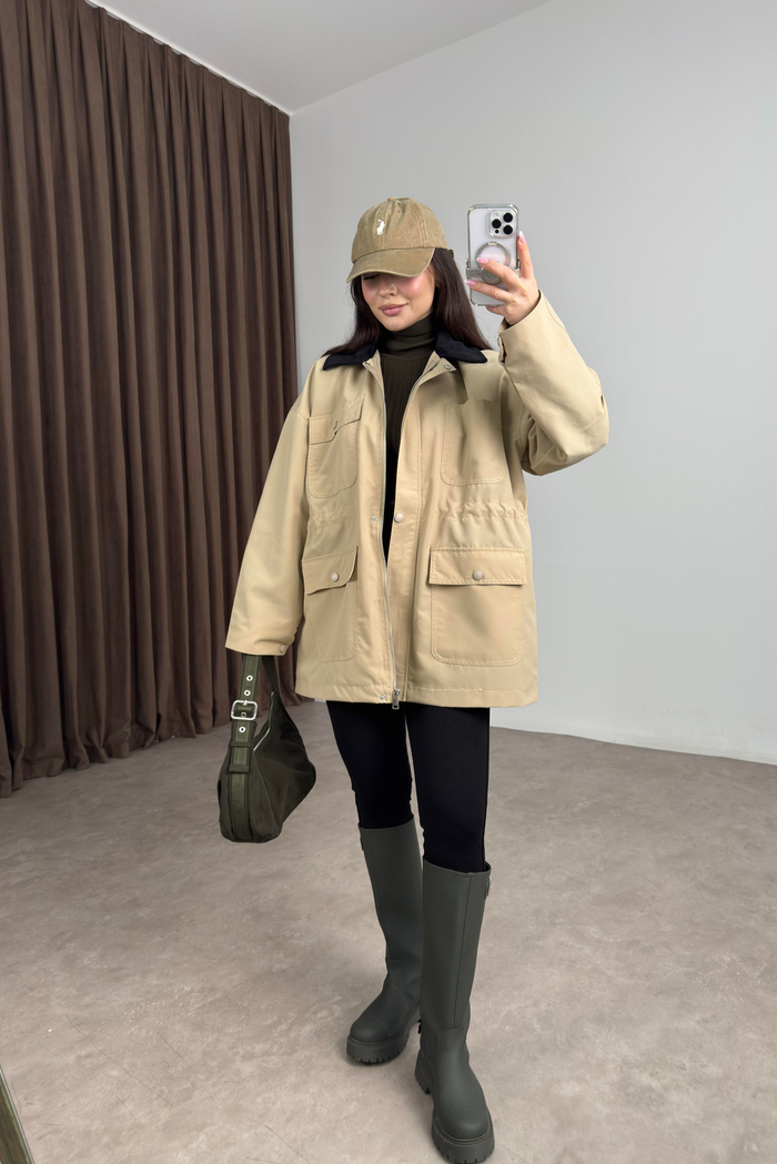Premium Kadife Yakalı Ekose Astarlı Büzgülü Bej Parka