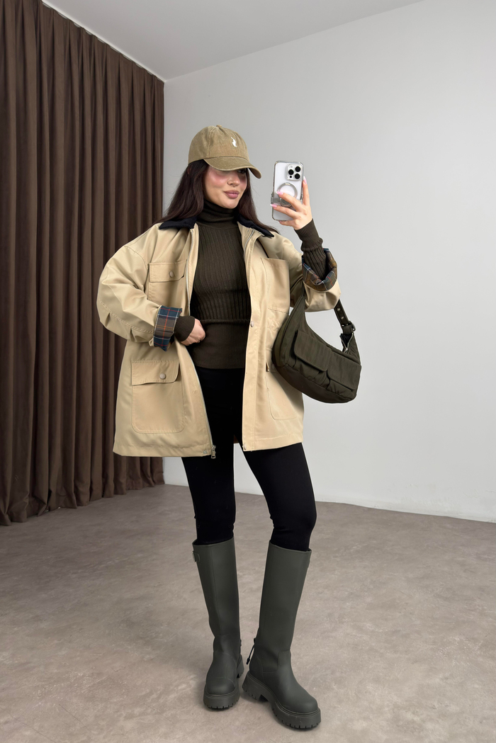 Premium Kadife Yakalı Ekose Astarlı Büzgülü Bej Parka