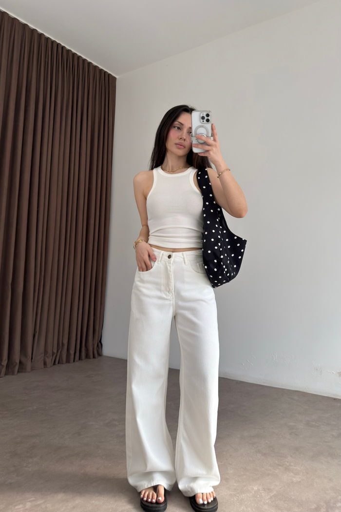 Premium Kemerli Ekru Straight Jean