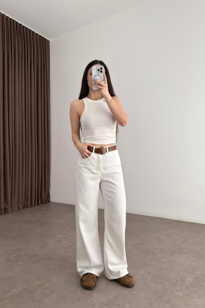 Premium Kemerli Ekru Straight Jean