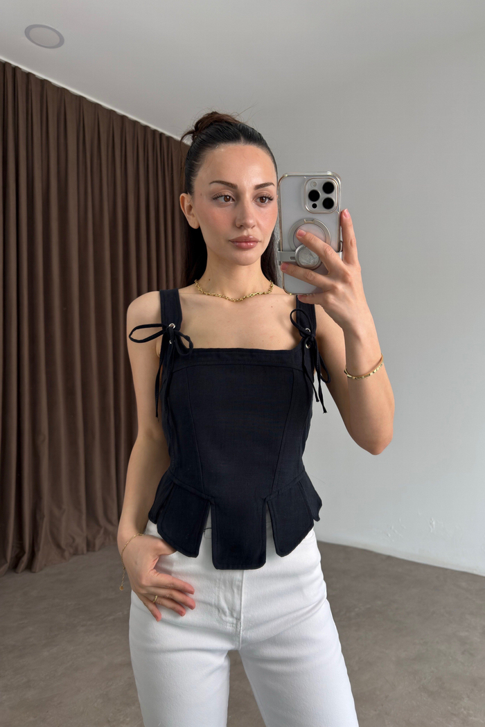Premium Keten Pamuk Parçalı Siyah Korse Bluz