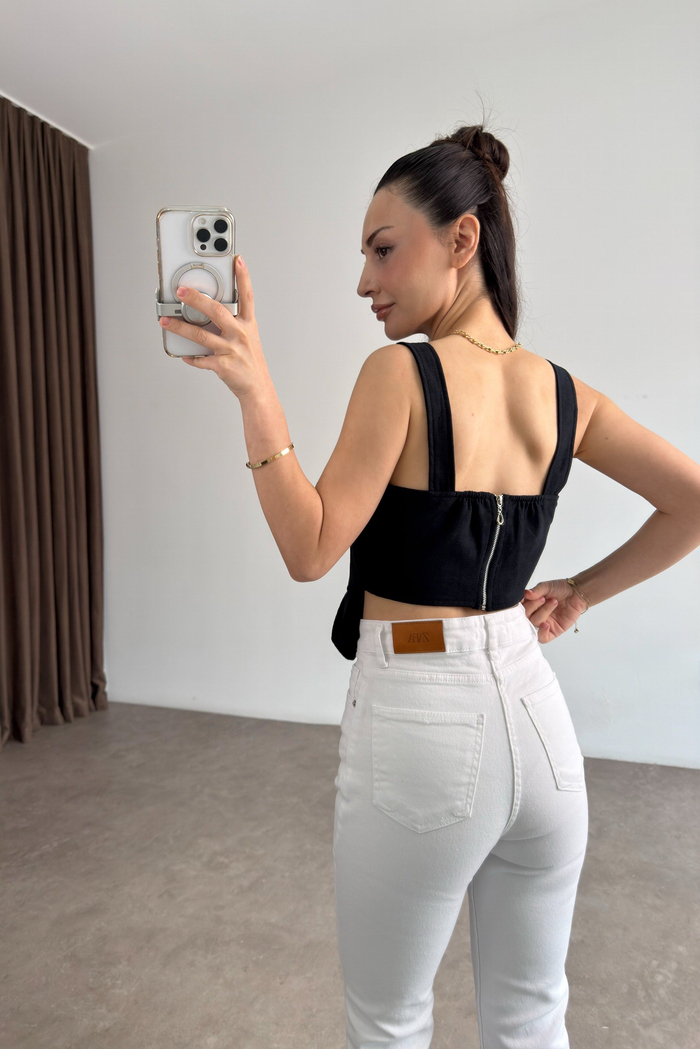 Premium Keten Pamuk Parçalı Siyah Korse Bluz