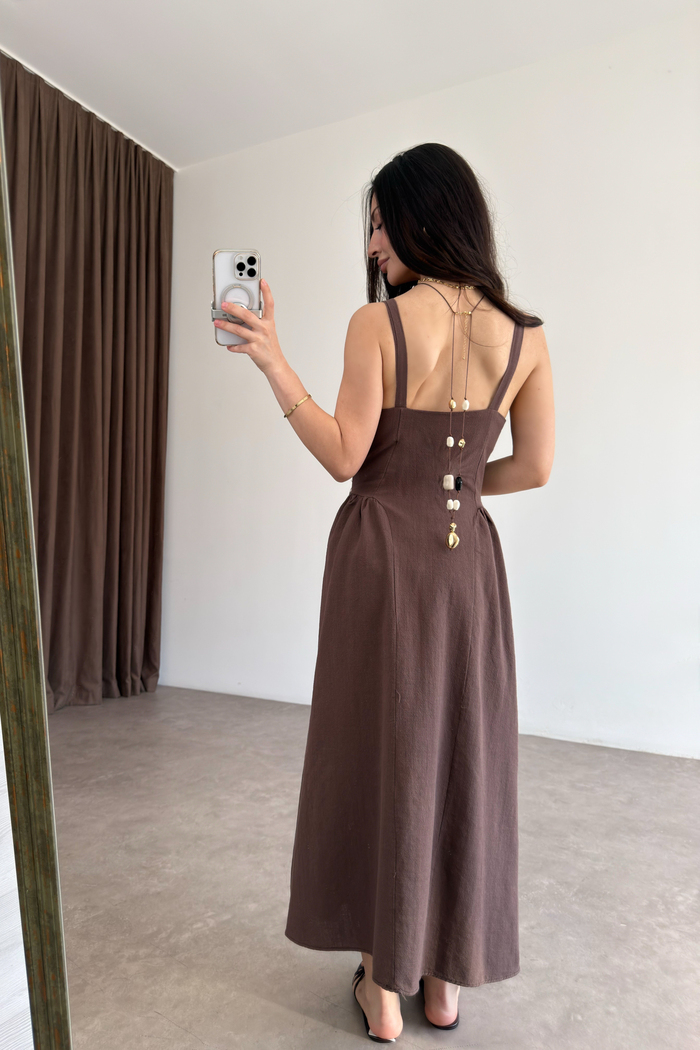 Premium Natural Kumaş Bağcıklı Kahve Elbise
