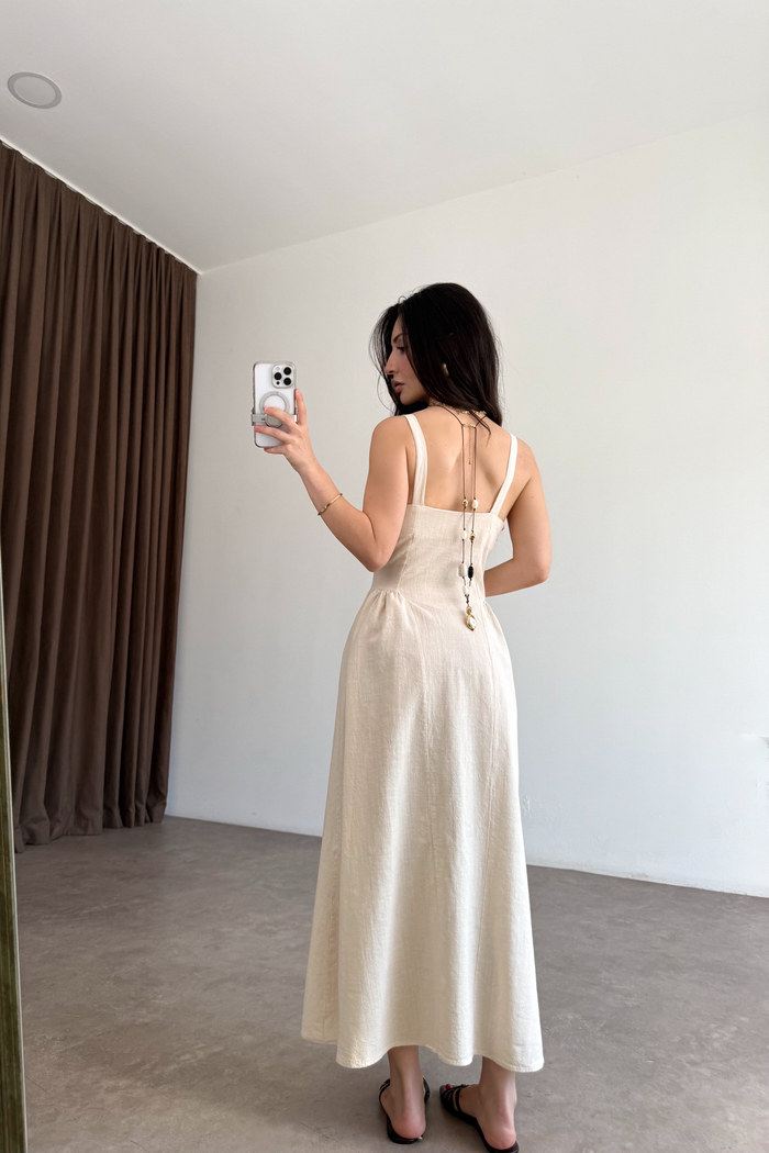 Premium Natural Kumaş Bej Bağcıklı Elbise