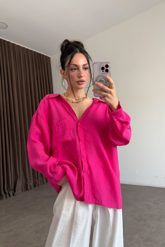 Premium Tensel Oversize Fuşya Gömlek 