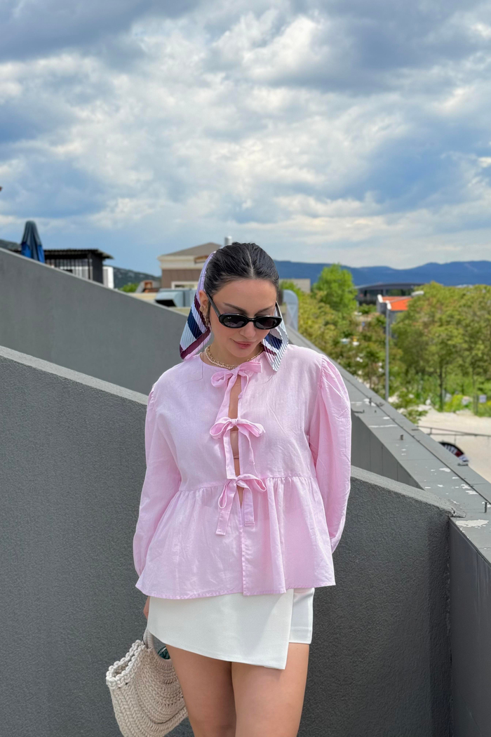 Ravi Bağlama Detaylı Premium Pastel Pembe Gömlek