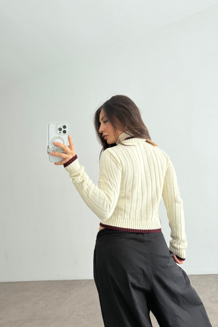 Strdvrs Orj. Fermuarlı Bordo Çizgili Kazak