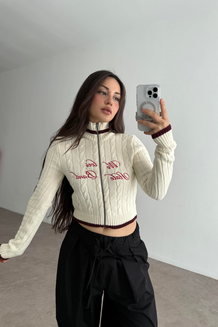 Strdvrs Orj. Fermuarlı Bordo Çizgili Kazak