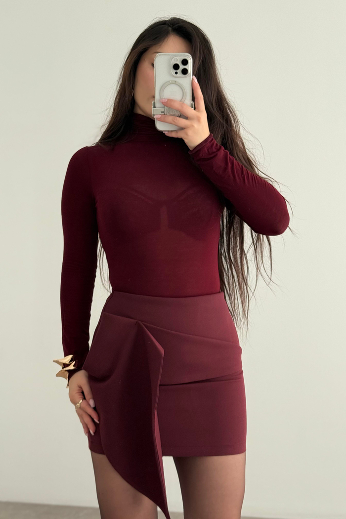 Yarı Transparan Basic Boğazlı Bordo Body