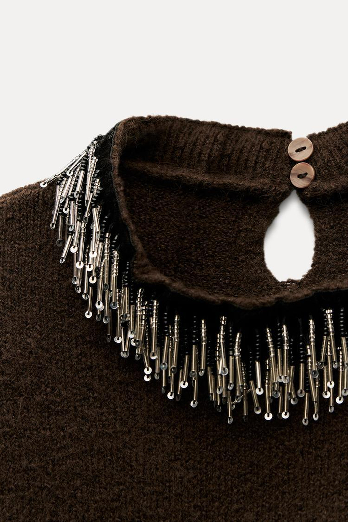 Zr. Boncuklu Bisiklet Yaka Kolsuz Örgü Bluz 