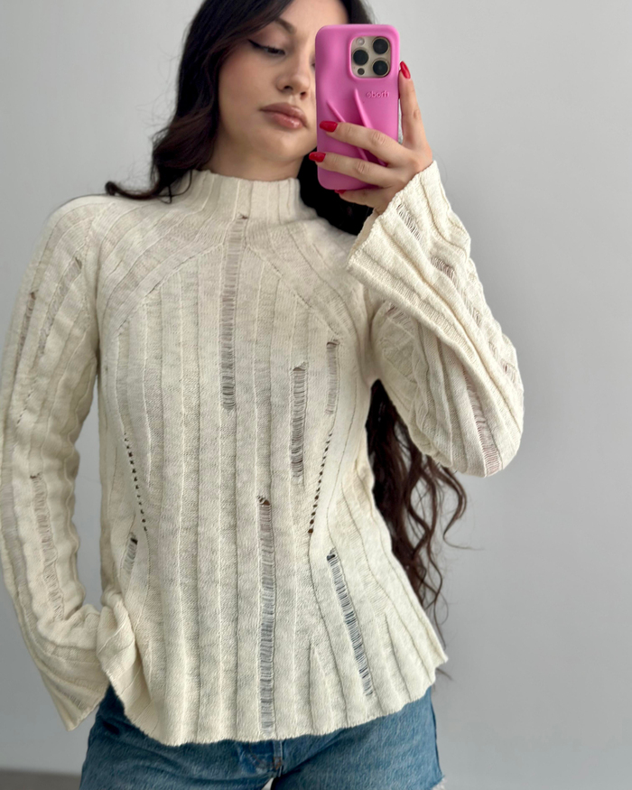 ZR Orijinal Yıpranmış Modelli Modal Ekru Kazak