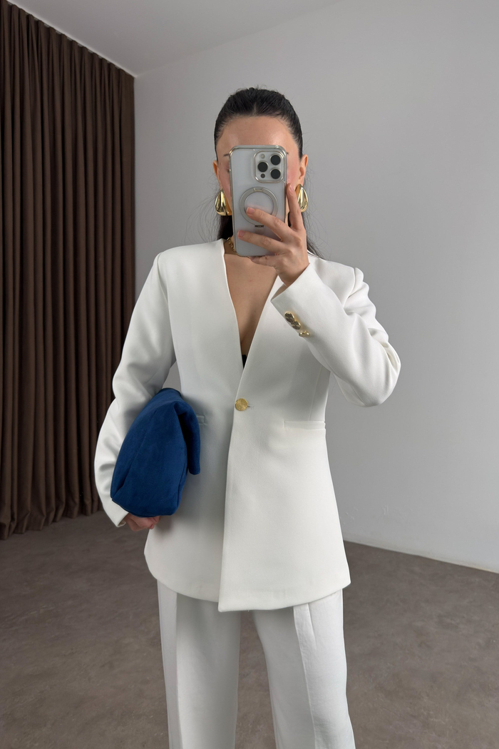 Zra Orj. Gold Düğmeli Beyaz Blazer Ceket 