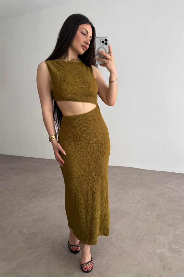 Zra Orj. Yağ Yeşili Pencere Dekolteli Midi Elbise