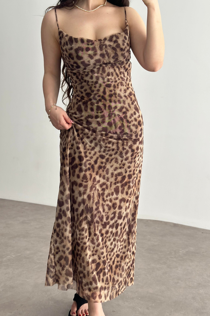 ZRA Orj. Leopar Desenli Midi Elbise